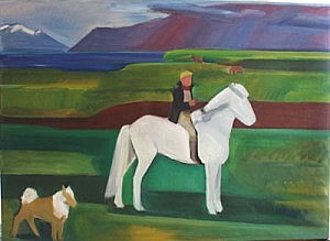 Horse and Rider with dog in Mosfellssveit | Oil on Canvas | 52 x 71 inches | ca. 1972